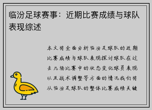 临汾足球赛事：近期比赛成绩与球队表现综述