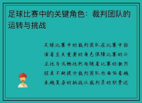 足球比赛中的关键角色：裁判团队的运转与挑战