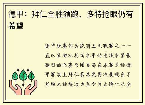 德甲：拜仁全胜领跑，多特抢眼仍有希望