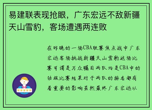 易建联表现抢眼，广东宏远不敌新疆天山雪豹，客场遭遇两连败