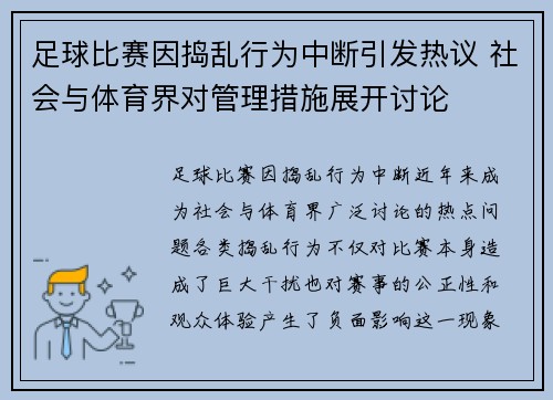 足球比赛因捣乱行为中断引发热议 社会与体育界对管理措施展开讨论