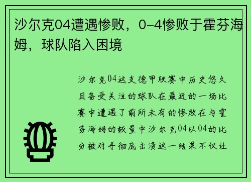 沙尔克04遭遇惨败，0-4惨败于霍芬海姆，球队陷入困境