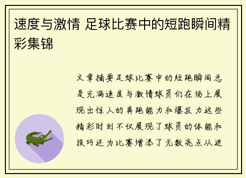 速度与激情 足球比赛中的短跑瞬间精彩集锦