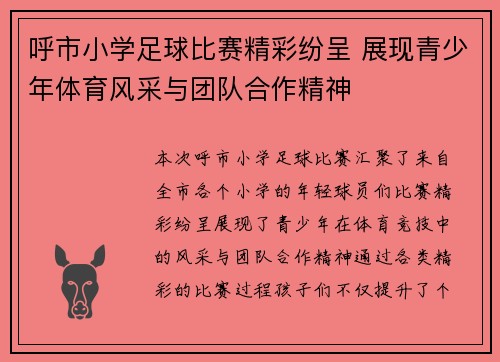 呼市小学足球比赛精彩纷呈 展现青少年体育风采与团队合作精神
