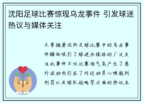 沈阳足球比赛惊现乌龙事件 引发球迷热议与媒体关注