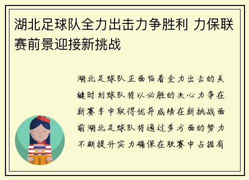 湖北足球队全力出击力争胜利 力保联赛前景迎接新挑战