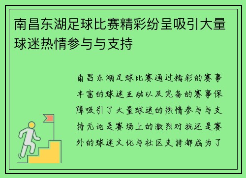 南昌东湖足球比赛精彩纷呈吸引大量球迷热情参与与支持