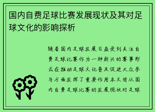 国内自费足球比赛发展现状及其对足球文化的影响探析
