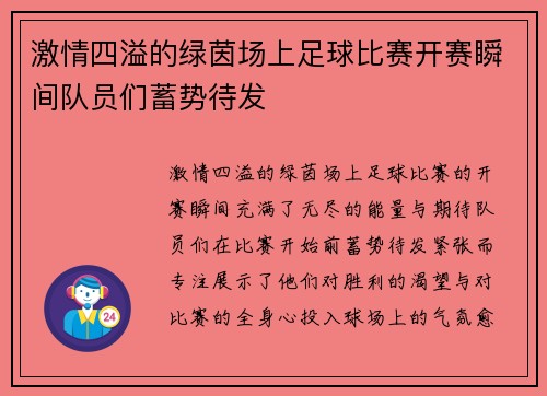 激情四溢的绿茵场上足球比赛开赛瞬间队员们蓄势待发