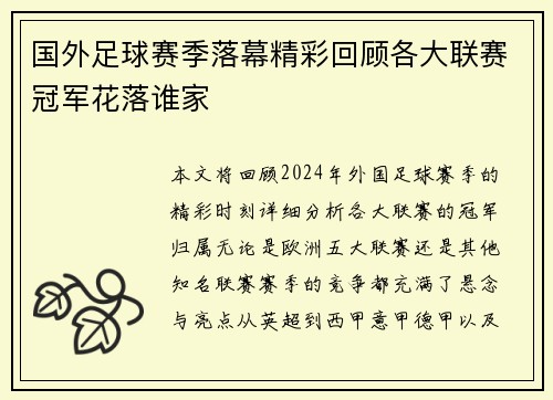国外足球赛季落幕精彩回顾各大联赛冠军花落谁家