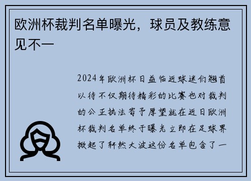欧洲杯裁判名单曝光，球员及教练意见不一