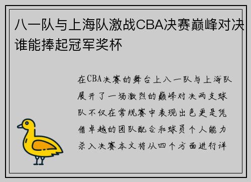 八一队与上海队激战CBA决赛巅峰对决谁能捧起冠军奖杯