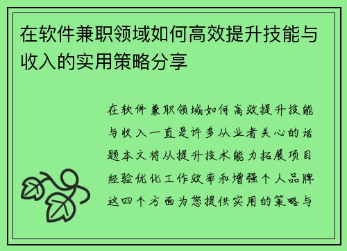 在软件兼职领域如何高效提升技能与收入的实用策略分享