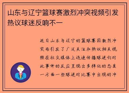 山东与辽宁篮球赛激烈冲突视频引发热议球迷反响不一