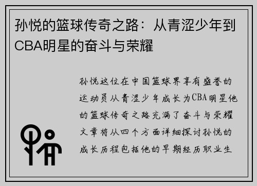 孙悦的篮球传奇之路：从青涩少年到CBA明星的奋斗与荣耀