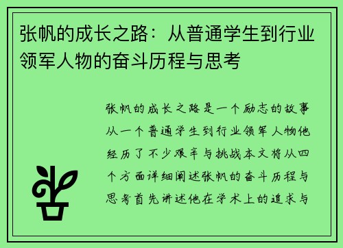 张帆的成长之路：从普通学生到行业领军人物的奋斗历程与思考