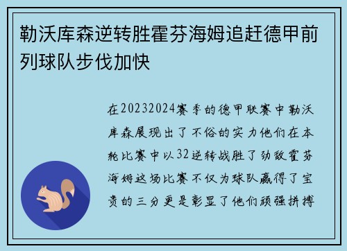 勒沃库森逆转胜霍芬海姆追赶德甲前列球队步伐加快