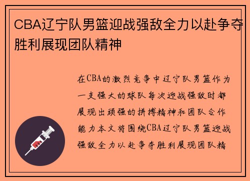 CBA辽宁队男篮迎战强敌全力以赴争夺胜利展现团队精神