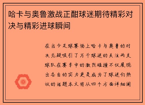 哈卡与奥鲁激战正酣球迷期待精彩对决与精彩进球瞬间