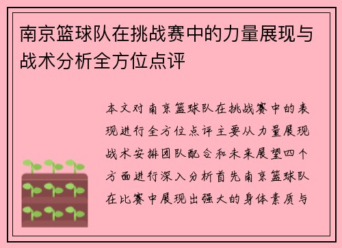 南京篮球队在挑战赛中的力量展现与战术分析全方位点评
