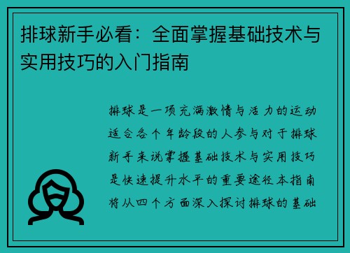 排球新手必看：全面掌握基础技术与实用技巧的入门指南